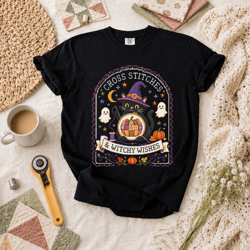 Cross Stitches And Witchy Wishes Black Cat T-Shirt - Black