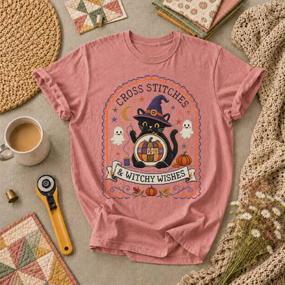 Cross Stitches And Witchy Wishes Black Cat T-Shirt - Heather Mauve