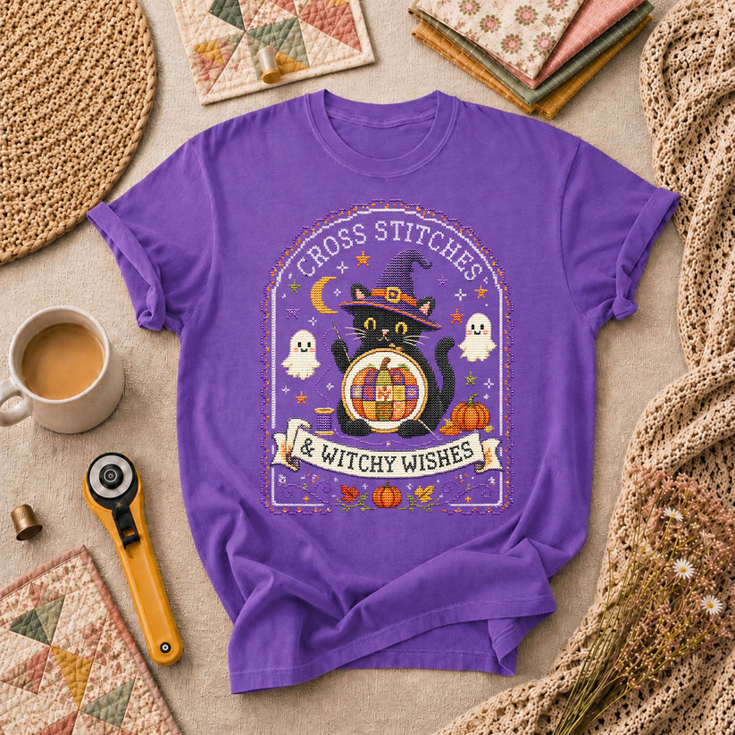 Cross Stitches And Witchy Wishes Black Cat T-Shirt - Heather Team Purple