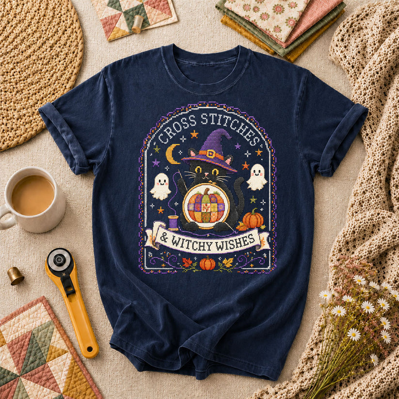 Cross Stitches And Witchy Wishes Black Cat T-Shirt - Navy