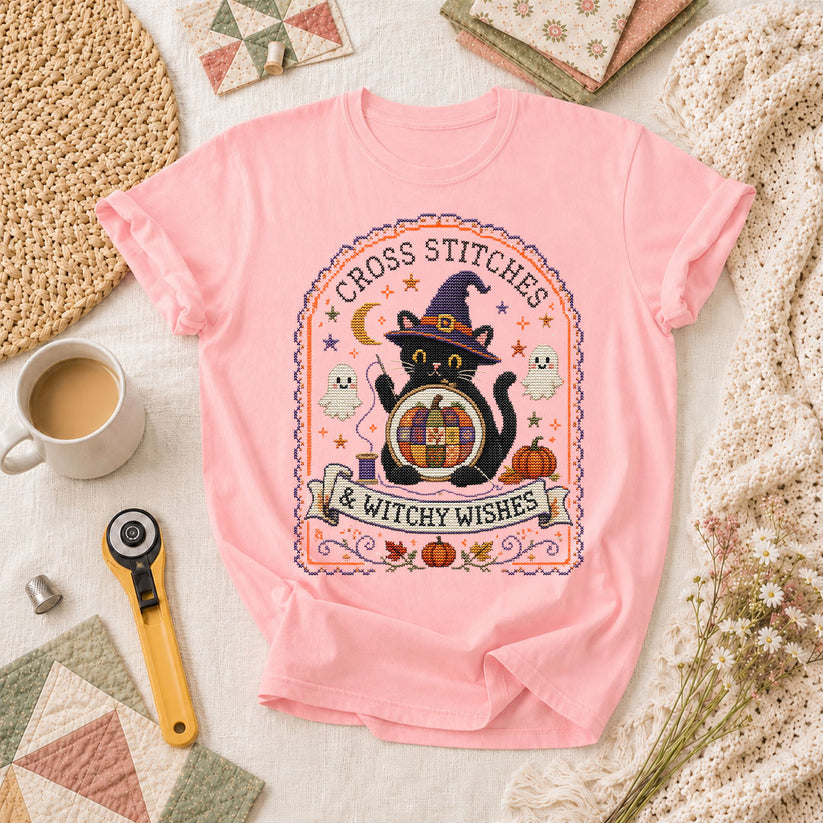 Cross Stitches And Witchy Wishes Black Cat T-Shirt - Pink