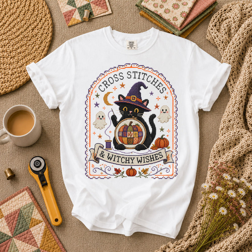 Cross Stitches And Witchy Wishes Black Cat T-Shirt - White