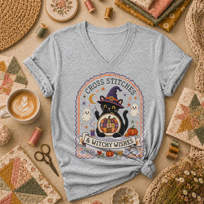 Cross Stitches And Witchy Wishes Black Cat Women's V-Neck - Athletic Heather