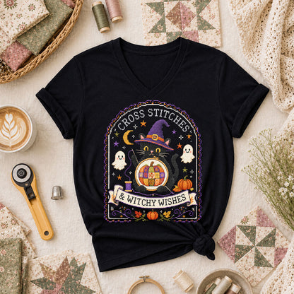 Cross Stitches And Witchy Wishes Black Cat Women's V-Neck - Black