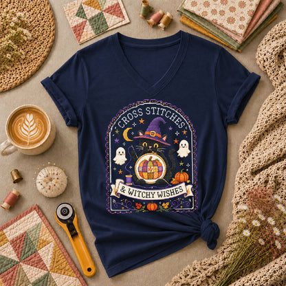 Cross Stitches And Witchy Wishes Black Cat Women's V-Neck - Navy