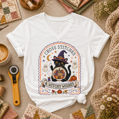 Cross Stitches And Witchy Wishes Black Cat Women's V-Neck - White