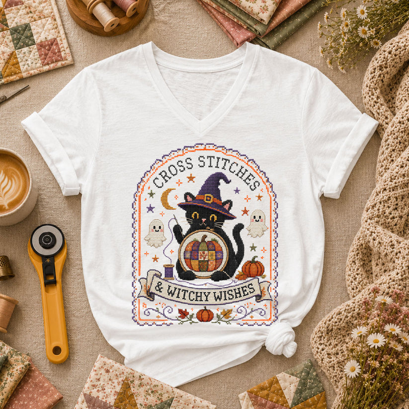 Cross Stitches And Witchy Wishes Black Cat Women's V-Neck - White