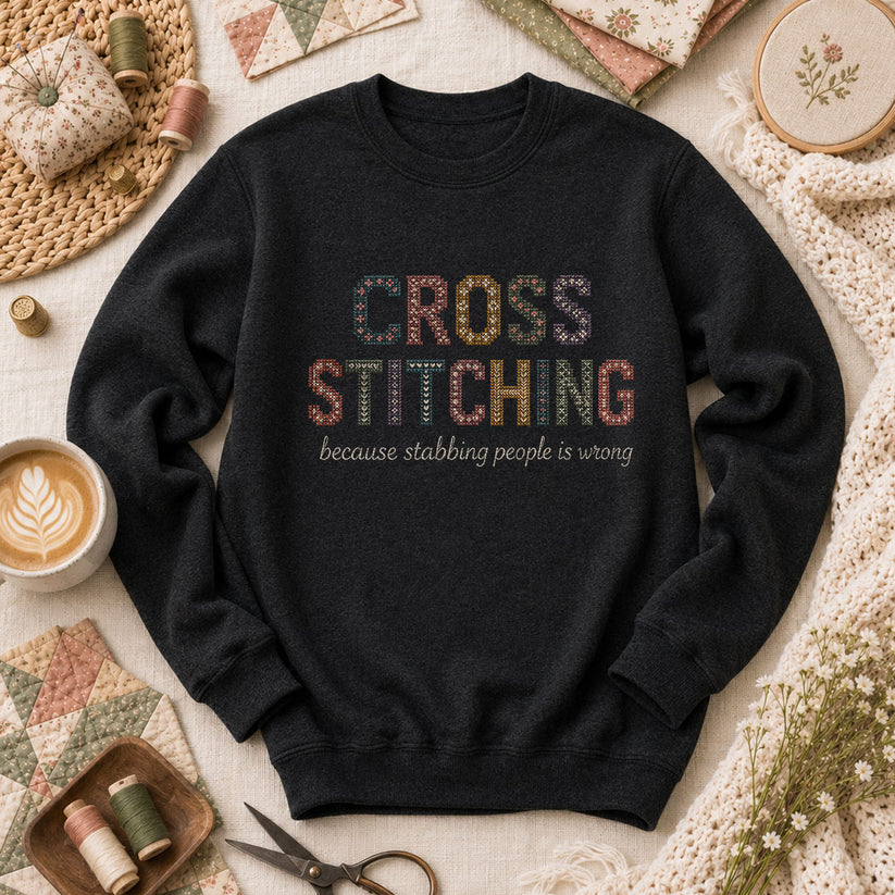 Cross Stitching Because Stabbing People Is Wrong Long Sleeve - Black