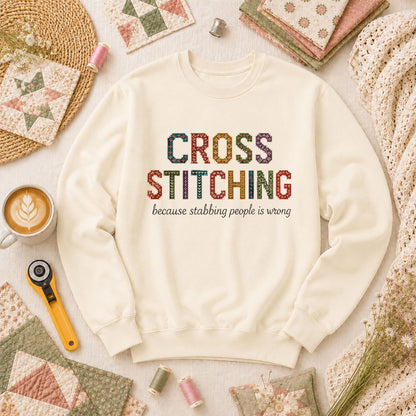 Cross Stitching Because Stabbing People Is Wrong Long Sleeve - Natural