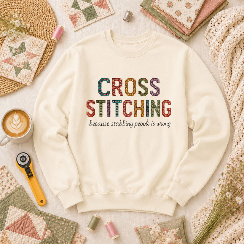 Cross Stitching Because Stabbing People Is Wrong Long Sleeve - Natural