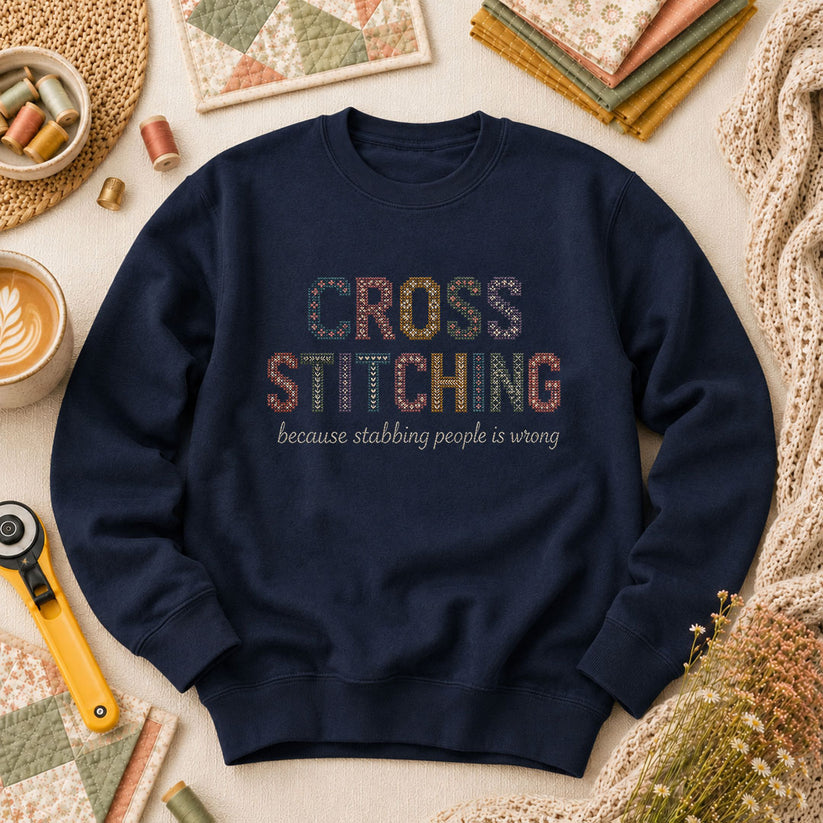 Cross Stitching Because Stabbing People Is Wrong Long Sleeve - Navy