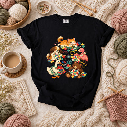 Cute Animals Quilting Together Patchwork Party T-Shirt - Black