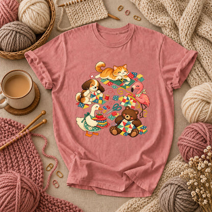 Cute Animals Quilting Together Patchwork Party T-Shirt - Heather Mauve