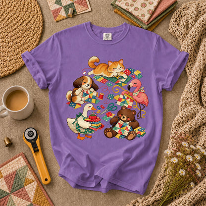 Cute Animals Quilting Together Patchwork Party T-Shirt - Heather Team Purple