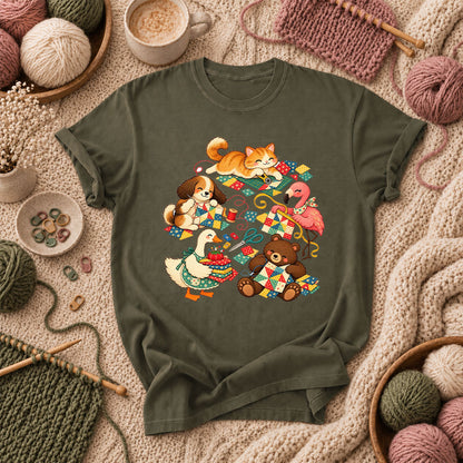 Cute Animals Quilting Together Patchwork Party T-Shirt - Military Green