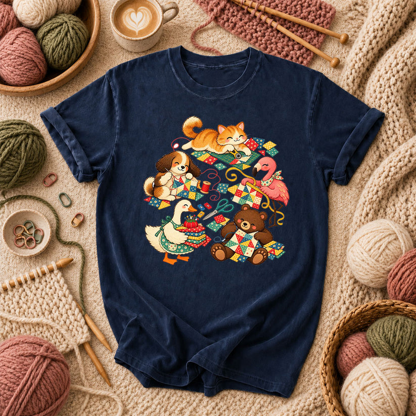 Cute Animals Quilting Together Patchwork Party T-Shirt - Navy