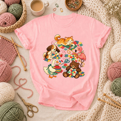 Cute Animals Quilting Together Patchwork Party T-Shirt - Pink