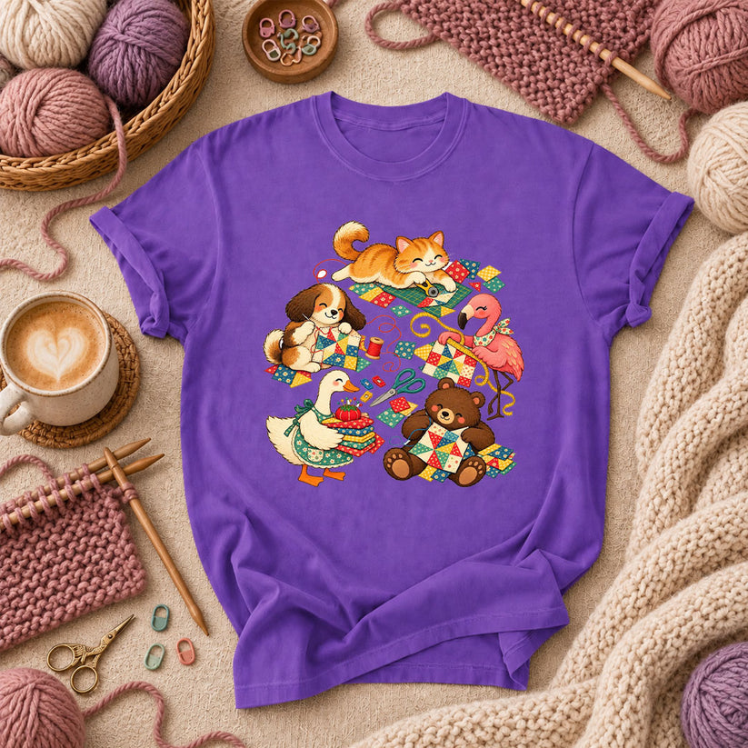 Cute Animals Quilting Together Patchwork Party T-Shirt - Purple