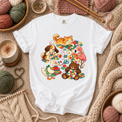 Cute Animals Quilting Together Patchwork Party T-Shirt - White