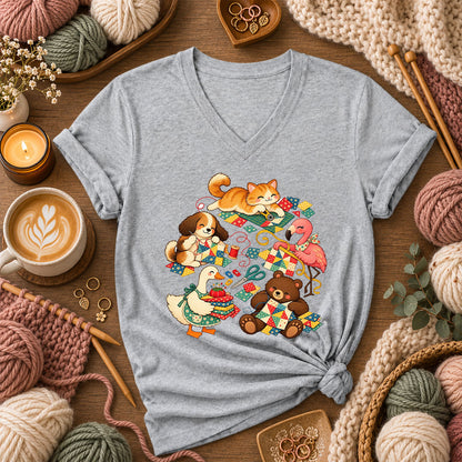 Cute Animals Quilting Together Patchwork Party Women's V-Neck - Athletic Heather
