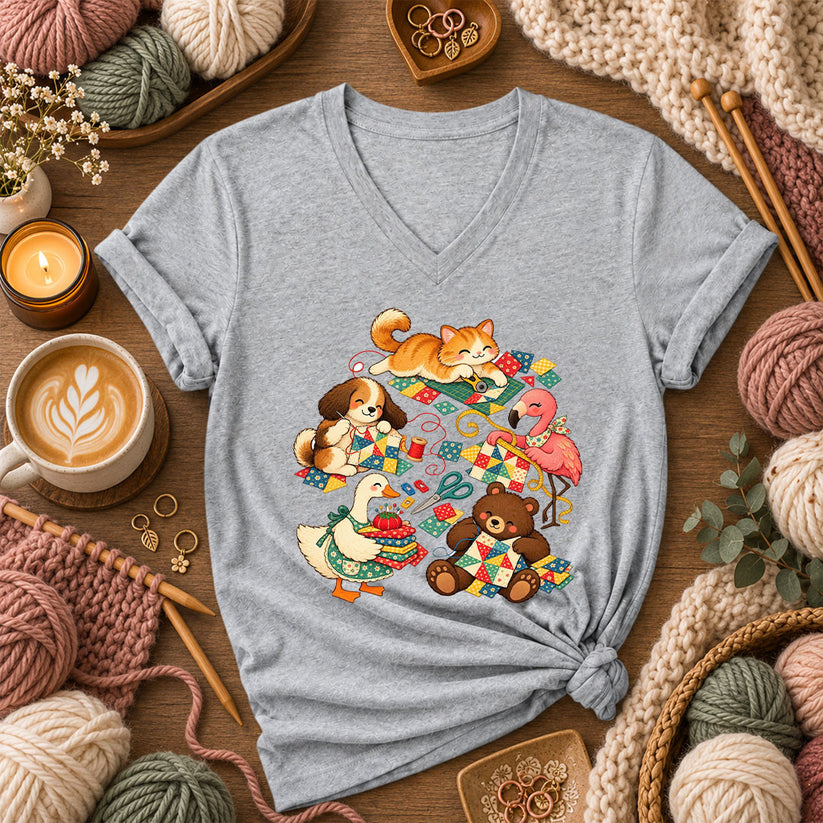 Cute Animals Quilting Together Patchwork Party Women's V-Neck - Athletic Heather