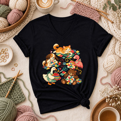 Cute Animals Quilting Together Patchwork Party Women's V-Neck - Black