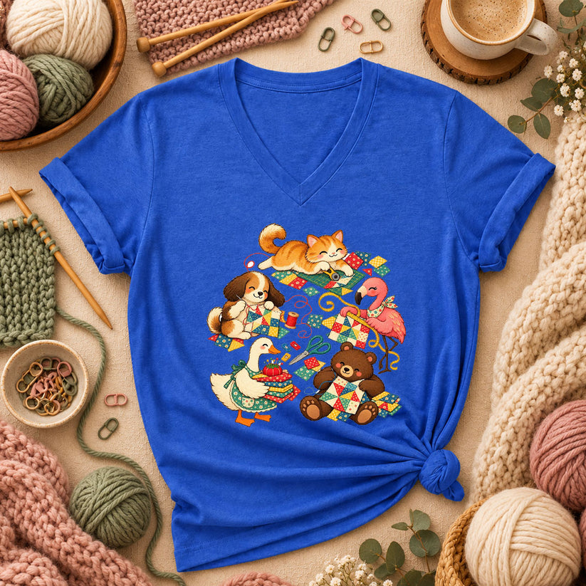 Cute Animals Quilting Together Patchwork Party Women's V-Neck - Heather True Royal