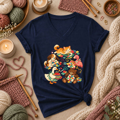 Cute Animals Quilting Together Patchwork Party Women's V-Neck - Navy