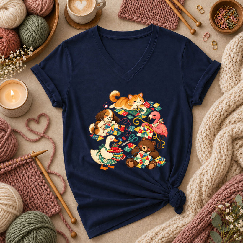 Cute Animals Quilting Together Patchwork Party Women's V-Neck - Navy