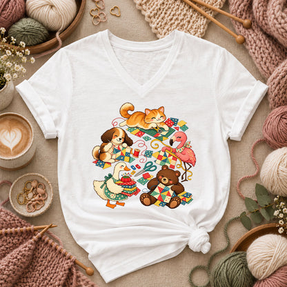 Cute Animals Quilting Together Patchwork Party Women's V-Neck - White