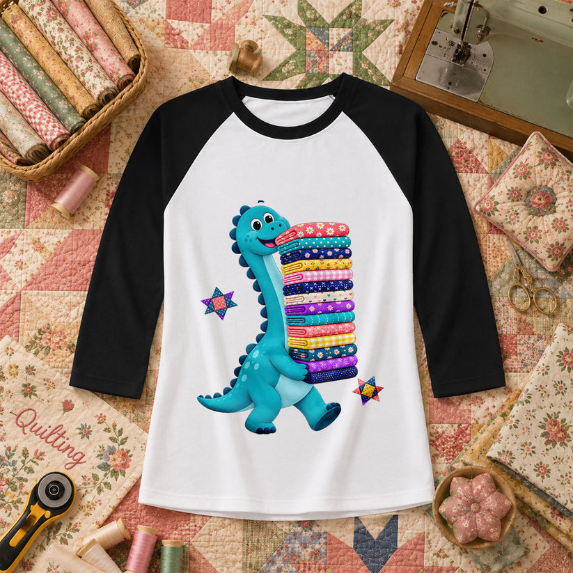 Cute Dinosaur Carrying Fabric Stack Quilter Raglan Sleeve - Black