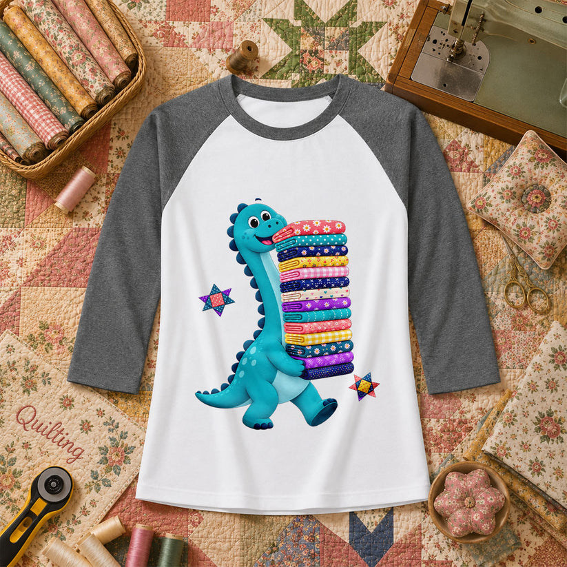 Cute Dinosaur Carrying Fabric Stack Quilter Raglan Sleeve - Deep Heather