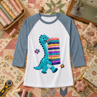 Cute Dinosaur Carrying Fabric Stack Quilter Raglan Sleeve - Denim