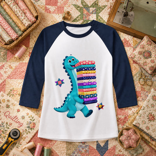 Cute Dinosaur Carrying Fabric Stack Quilter Raglan Sleeve - Navy