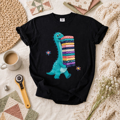 Cute Dinosaur Carrying Fabric Stack Quilter T-Shirt - Black