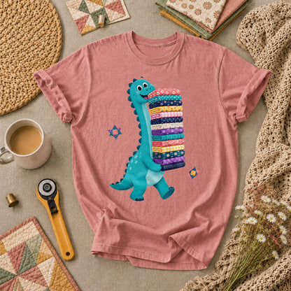 Cute Dinosaur Carrying Fabric Stack Quilter T-Shirt - Heather Mauve