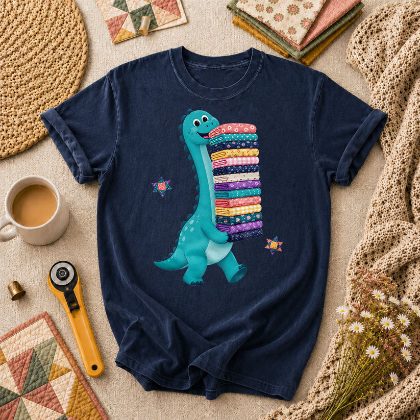 Cute Dinosaur Carrying Fabric Stack Quilter T-Shirt - Navy