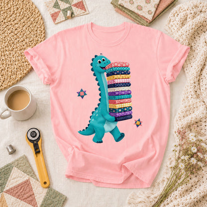 Cute Dinosaur Carrying Fabric Stack Quilter T-Shirt - Pink