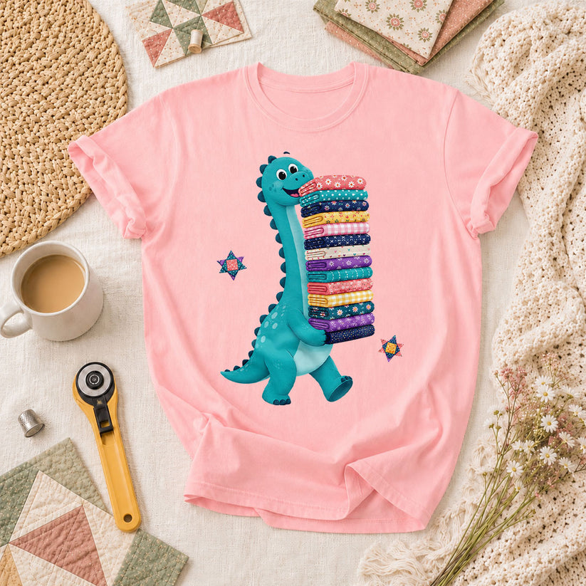 Cute Dinosaur Carrying Fabric Stack Quilter T-Shirt - Pink