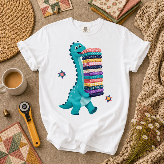 Cute Dinosaur Carrying Fabric Stack Quilter T-Shirt - White