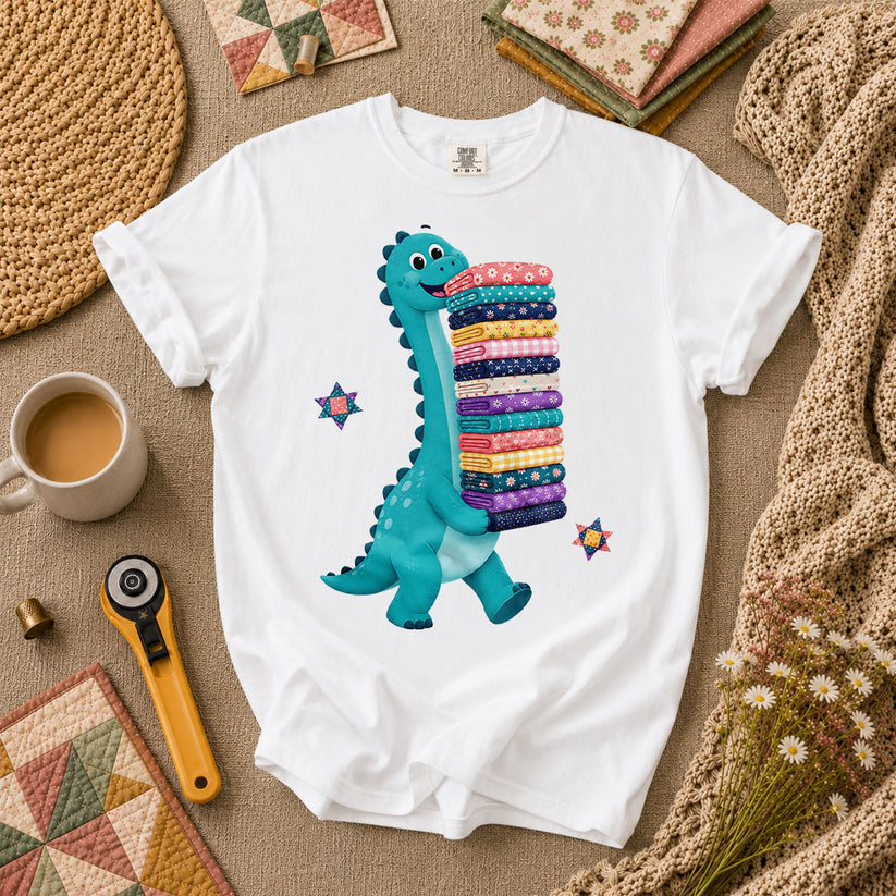 Cute Dinosaur Carrying Fabric Stack Quilter T-Shirt - White