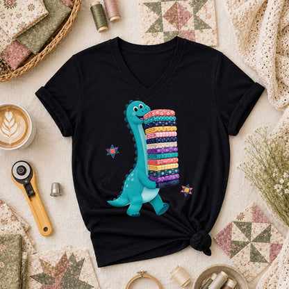 Cute Dinosaur Carrying Fabric Stack Quilter Women's V-Neck - Black