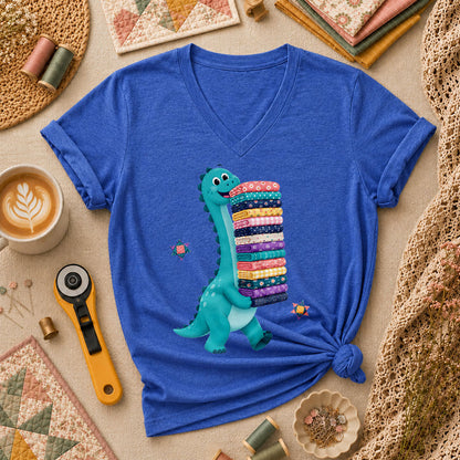 Cute Dinosaur Carrying Fabric Stack Quilter Women's V-Neck - Heather True Royal