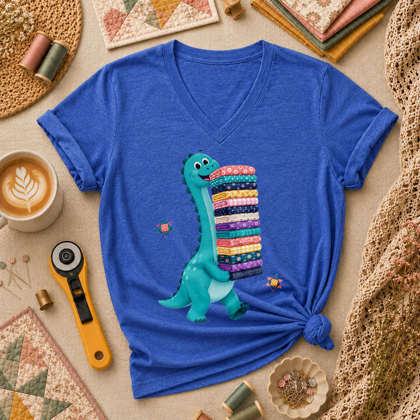 Cute Dinosaur Carrying Fabric Stack Quilter Women's V-Neck - Heather True Royal