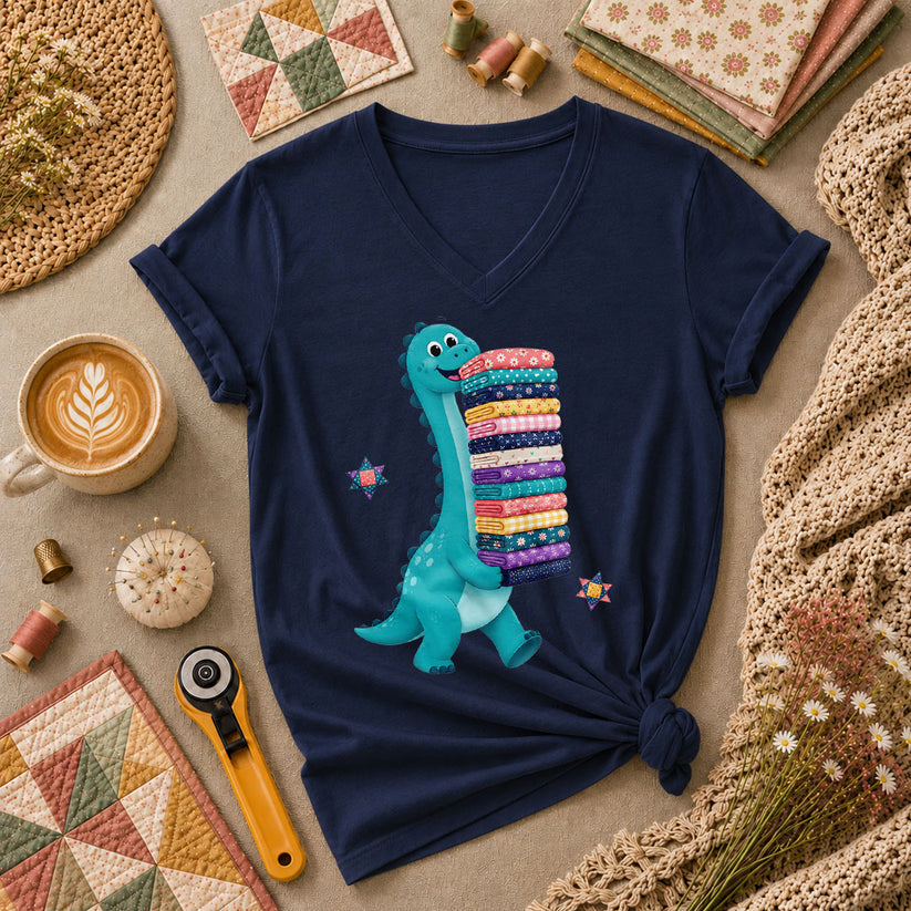 Cute Dinosaur Carrying Fabric Stack Quilter Women's V-Neck - Navy