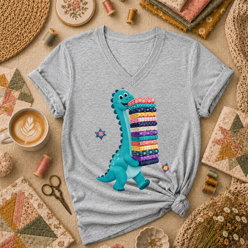 Cute Dinosaur Carrying Fabric Stack Quilter Women's V-Neck - Sport Grey
