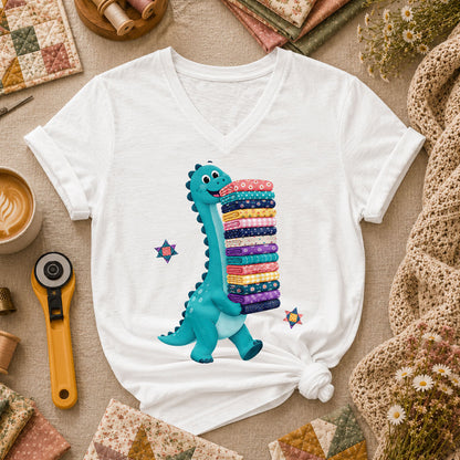 Cute Dinosaur Carrying Fabric Stack Quilter Women's V-Neck - White