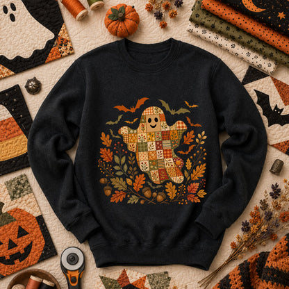 Cute Fall Patchwork Ghost With Bats Long Sleeve - Black