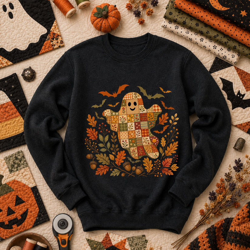 Cute Fall Patchwork Ghost With Bats Long Sleeve - Black