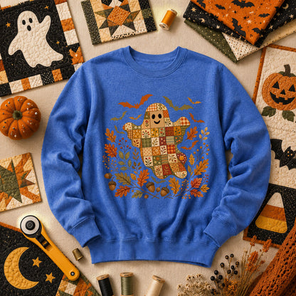 Cute Fall Patchwork Ghost With Bats Long Sleeve - Heather True Royal